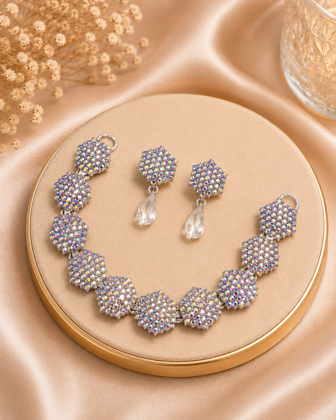 Rainbow Crystal Floral Bracelet & Drop Earrings Set
