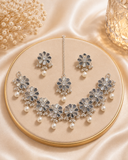 Silver Floral Pearl Necklace Set with Matching Earrings & Maang Tikka