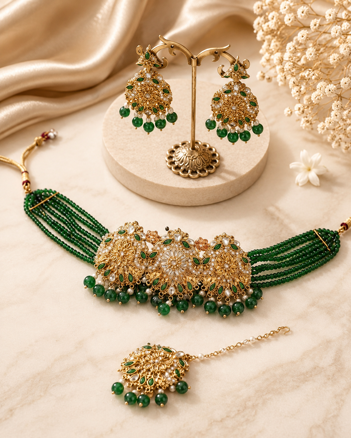 Emerald Green Beaded Choker Set with Matching Earrings & Maang Tikka