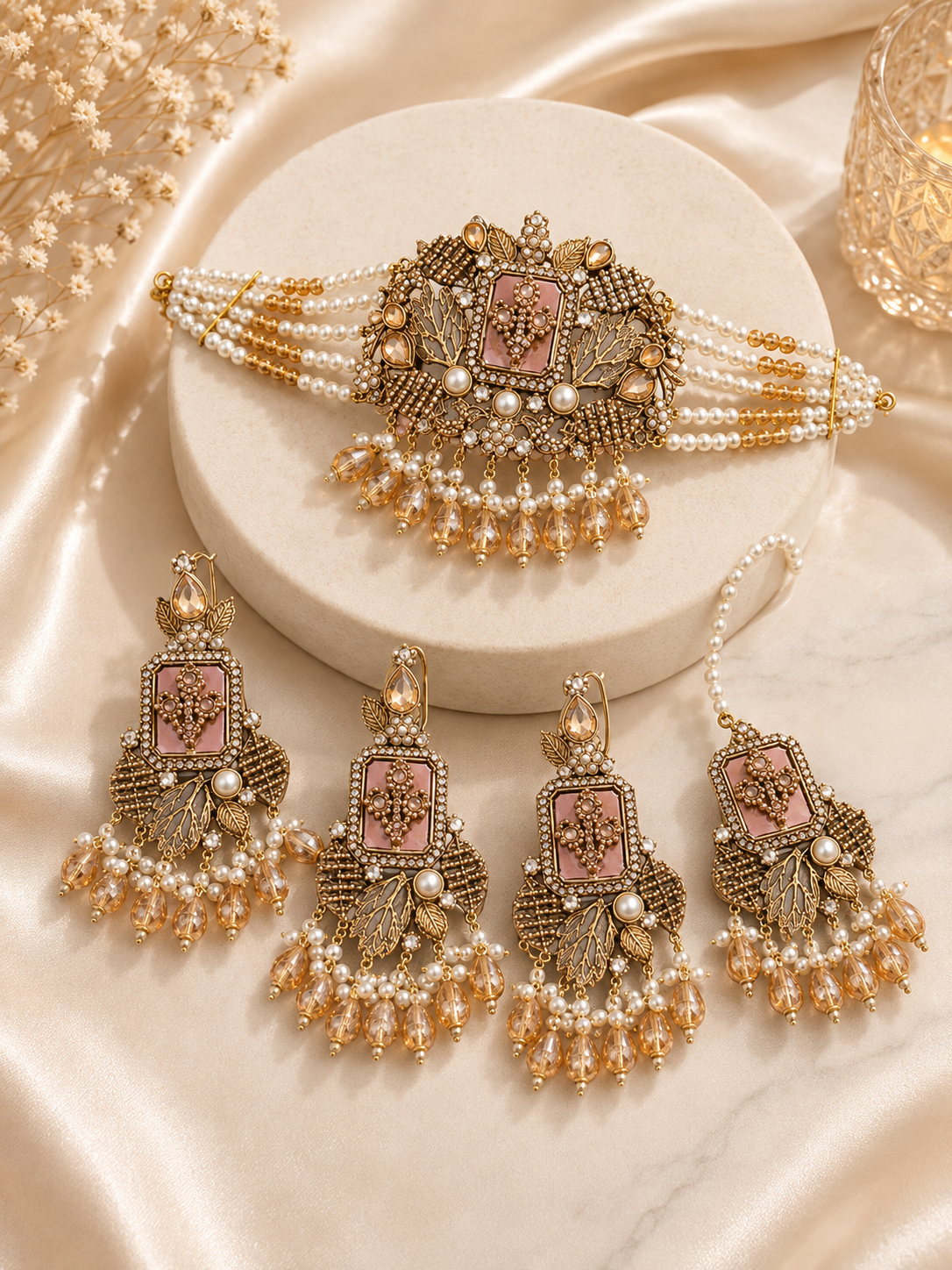 Elegant Pearl & Blush Pink Choker Set with Matching Earrings