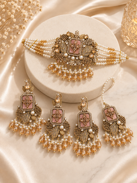 Elegant Pearl & Blush Pink Choker Set with Matching Earrings