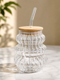 Elegant Ripple Glass Tumbler with Bamboo Lid & Glass Straw