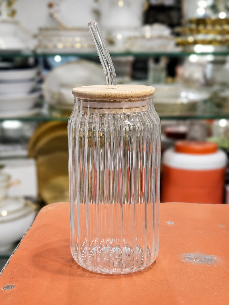 Elegant Ribbed Glass Tumbler with Bamboo Lid & Glass Straw