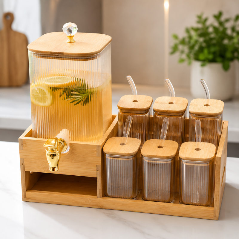 Premium Kitchen Storage & Beverage Dispenser Set with Wooden Organizer
