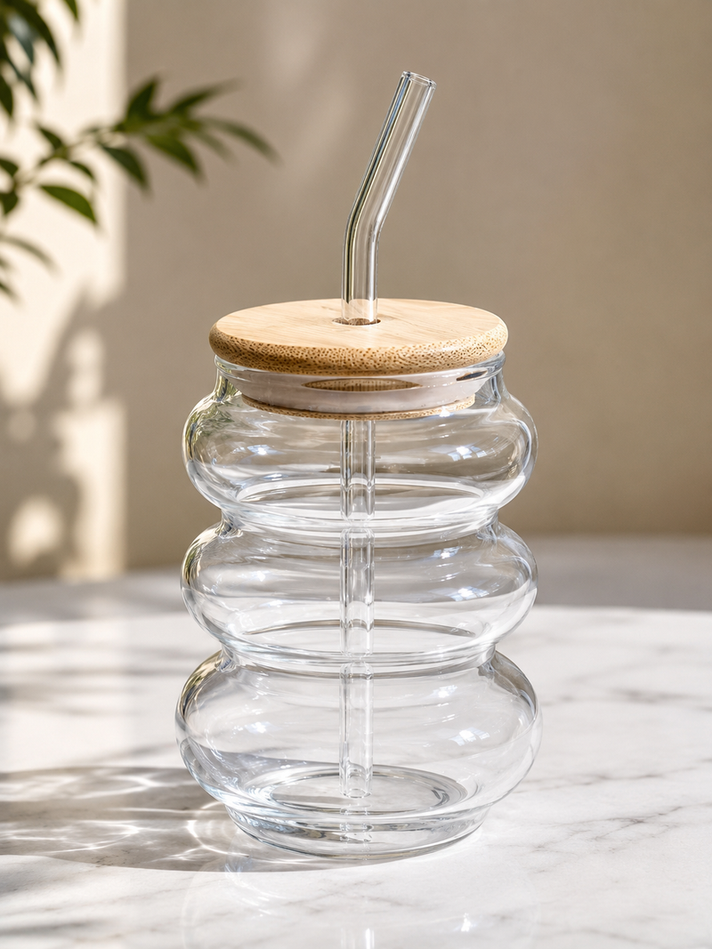 Elegant Ripple Glass Tumbler with Bamboo Lid & Glass Straw