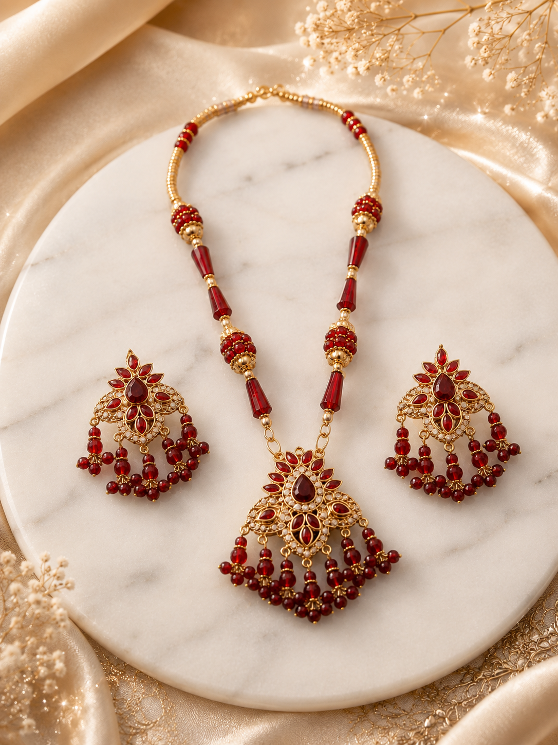 Elegant Ruby Red Pendant Necklace Set with Matching Earrings